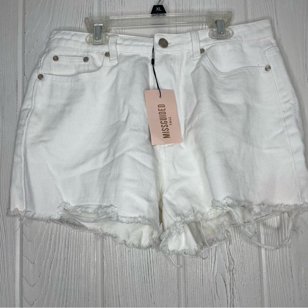 Missguided White Denim Shorts 12 Tall Distressed Extreme Rip High Waisted